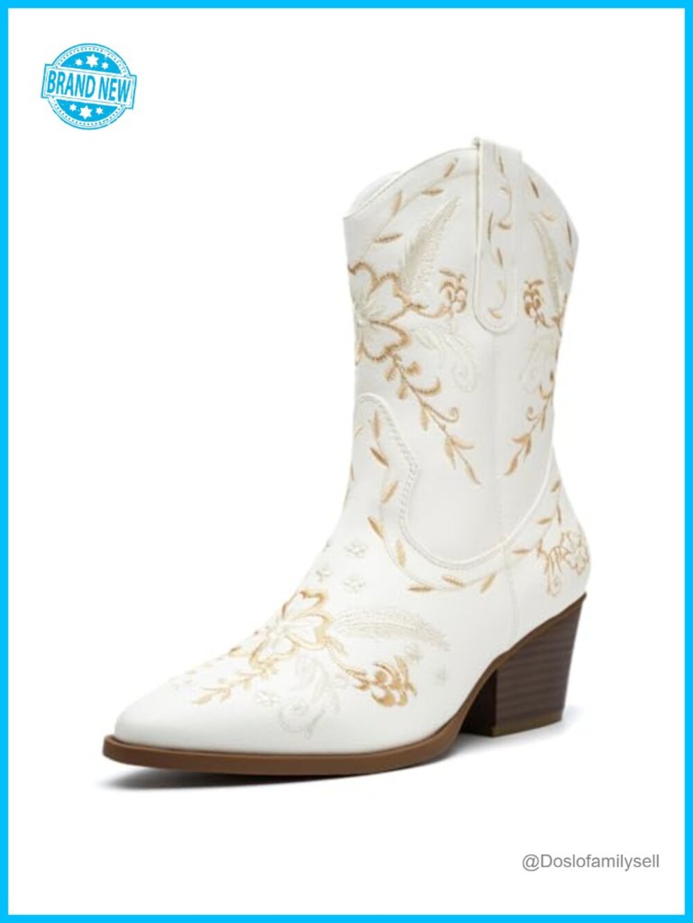 Womens Wide Calf Cowboy Boots Western Gold Embroidery Chunky Heel Zip Up